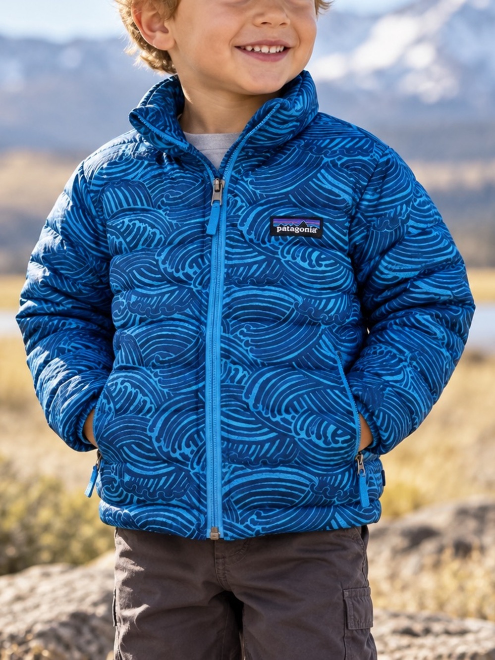Patagonia Toddler Down Sweater Blue Wave Print Full Zip Puffer Jacket 3T